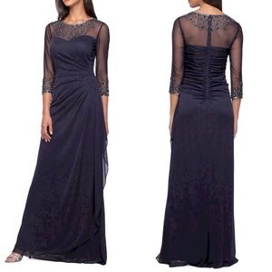 Alex Evenings A-Line Mesh Gown with Beaded Illusion Neckline & Sleeves